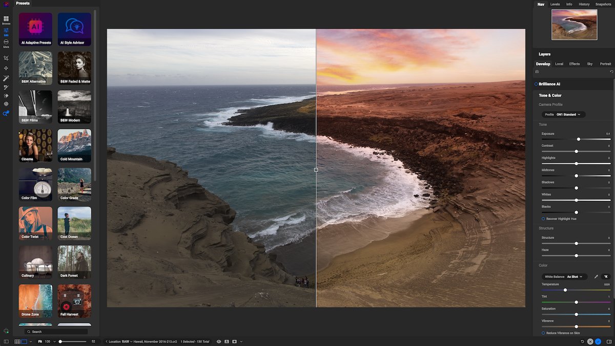 ON1 Photo RAW workspace with a slider editing view