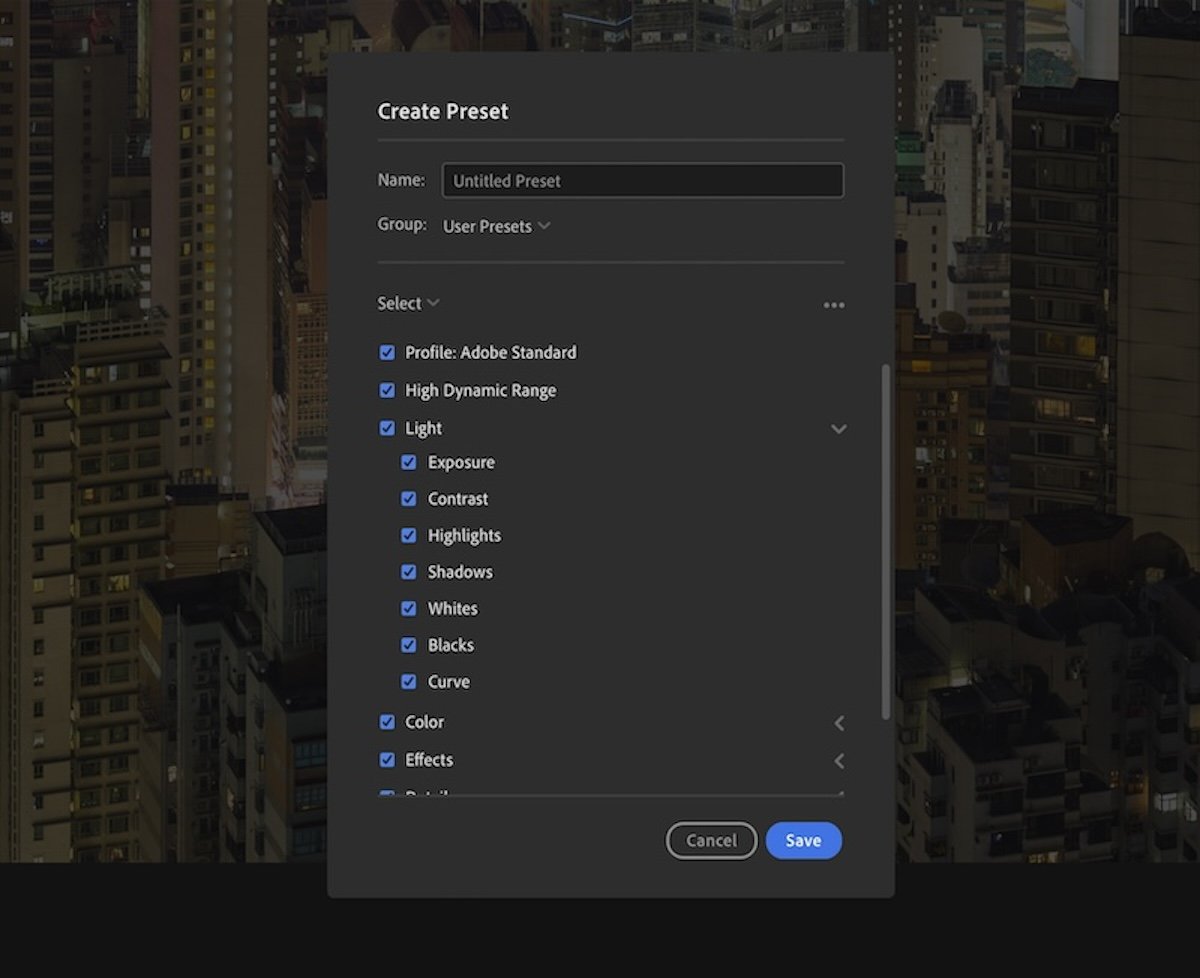 screenshot of lightroom cc create preset interface