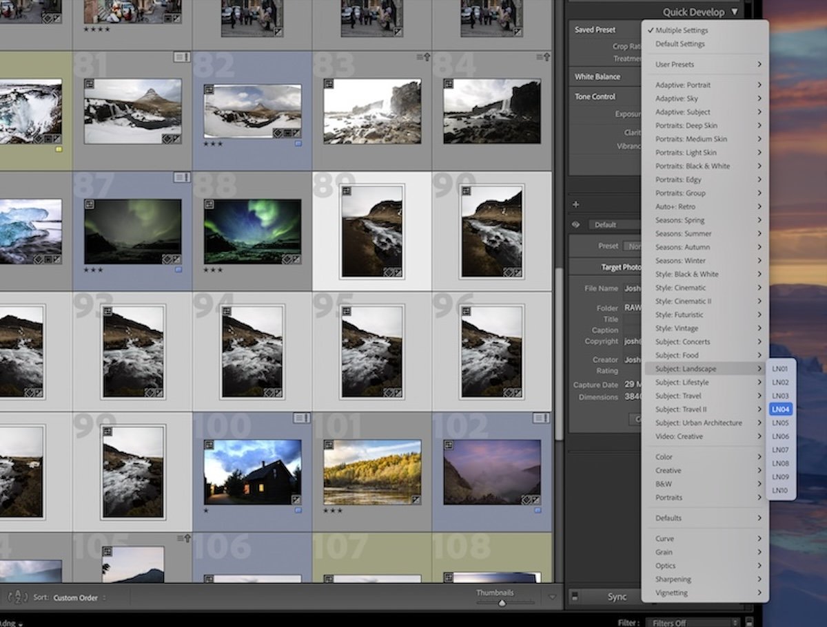 screenshot of lightroom classic library with the preset drop-down from quick develop