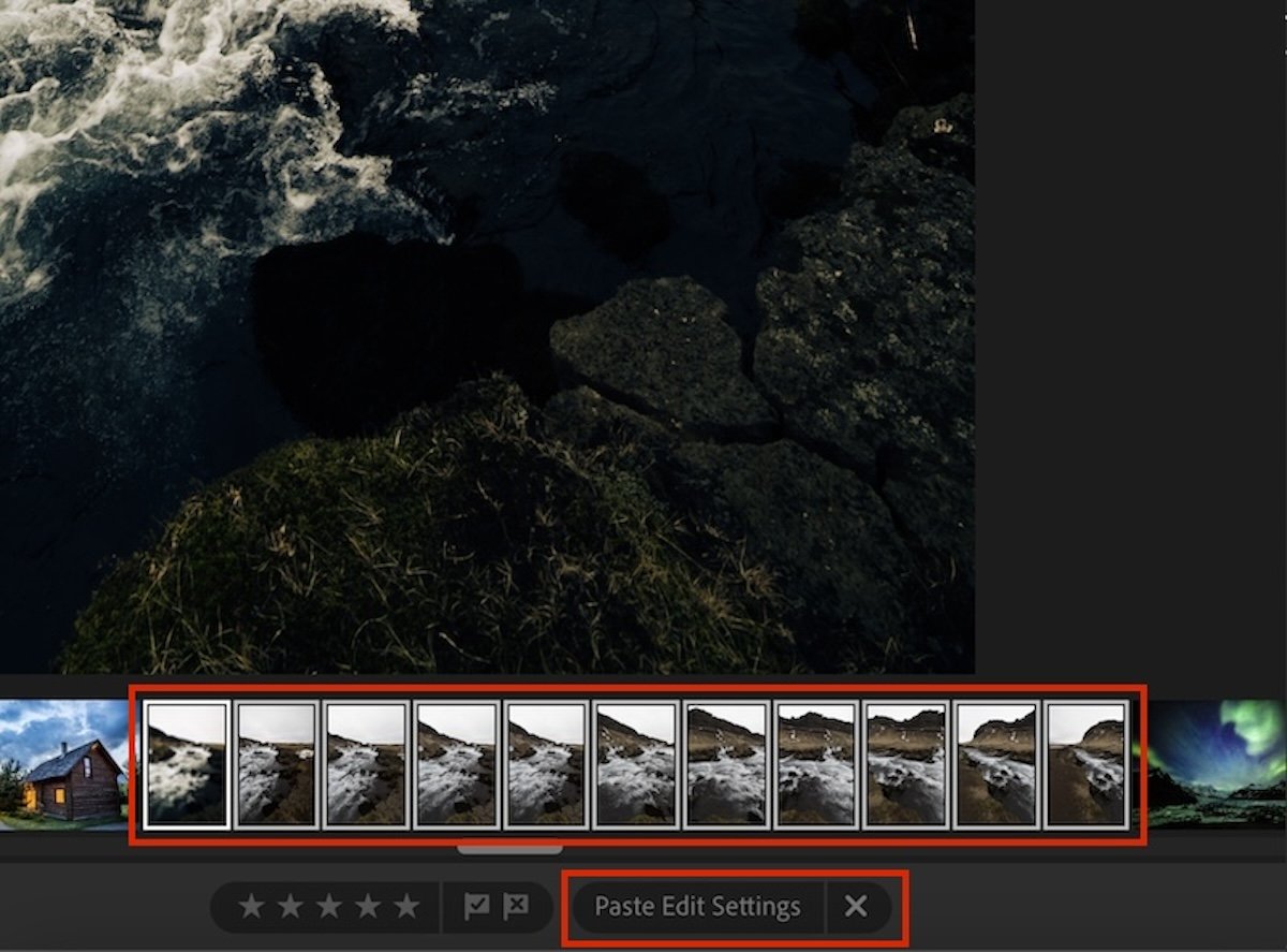 screenshot of lightroom cc cropped to highlight the batch selection and paste edit settings