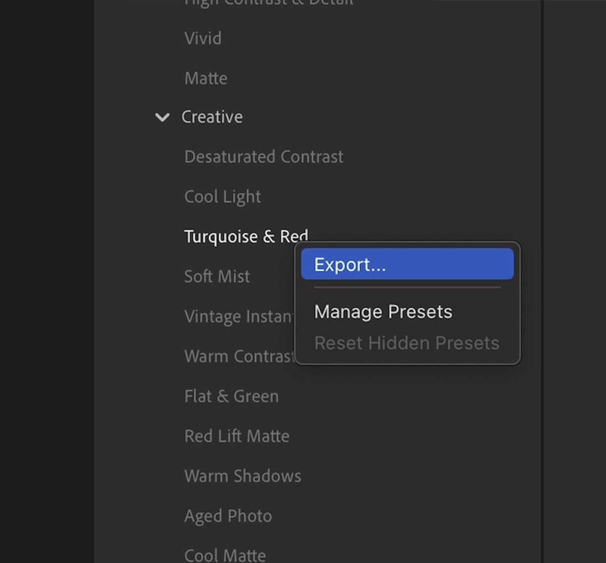 screenshot of lightroom cc export preset button