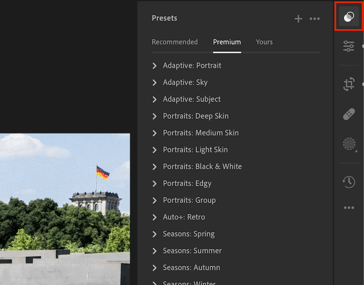 screenshot of lightroom CC with red box highlighting the preset icon