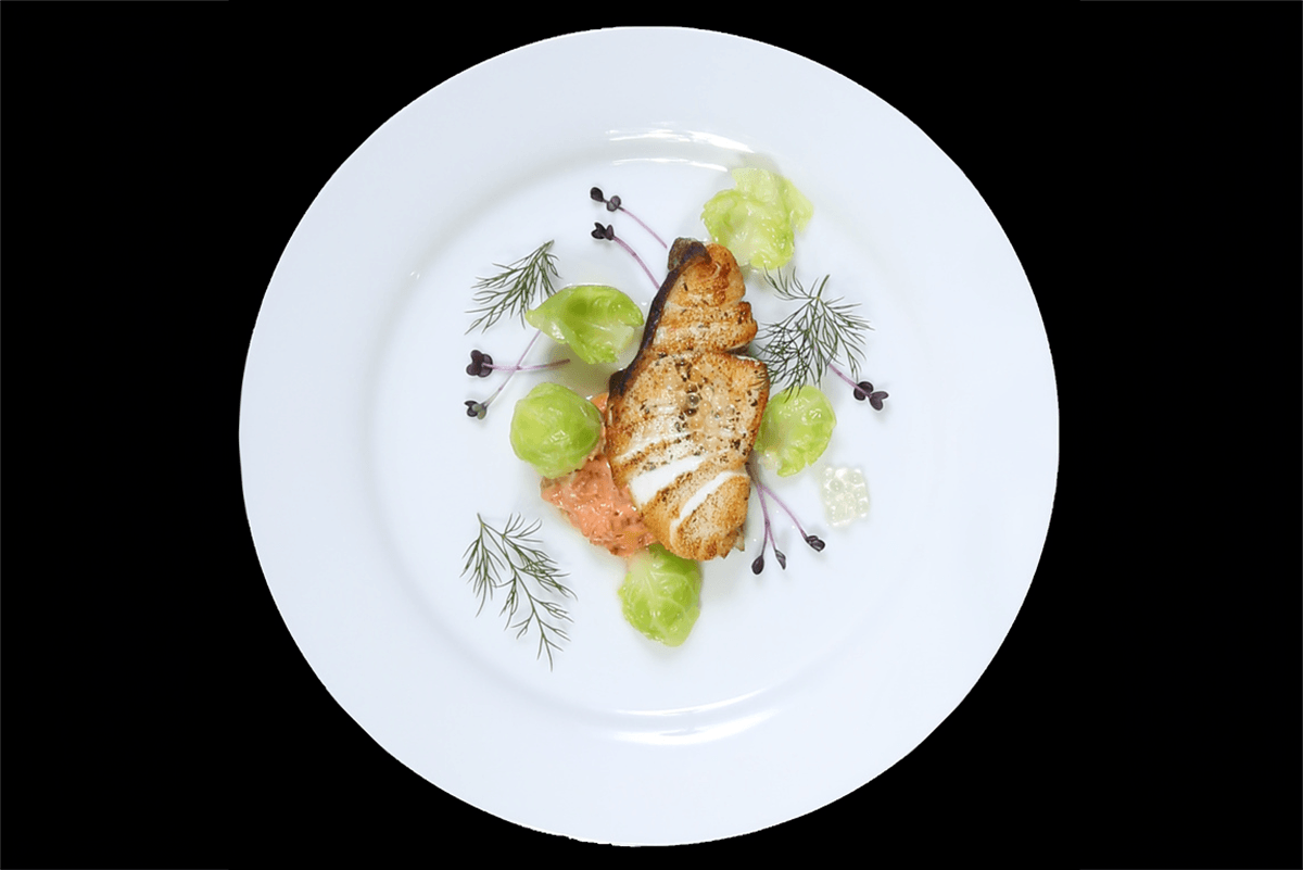 A styled overhead view of a salmon dish