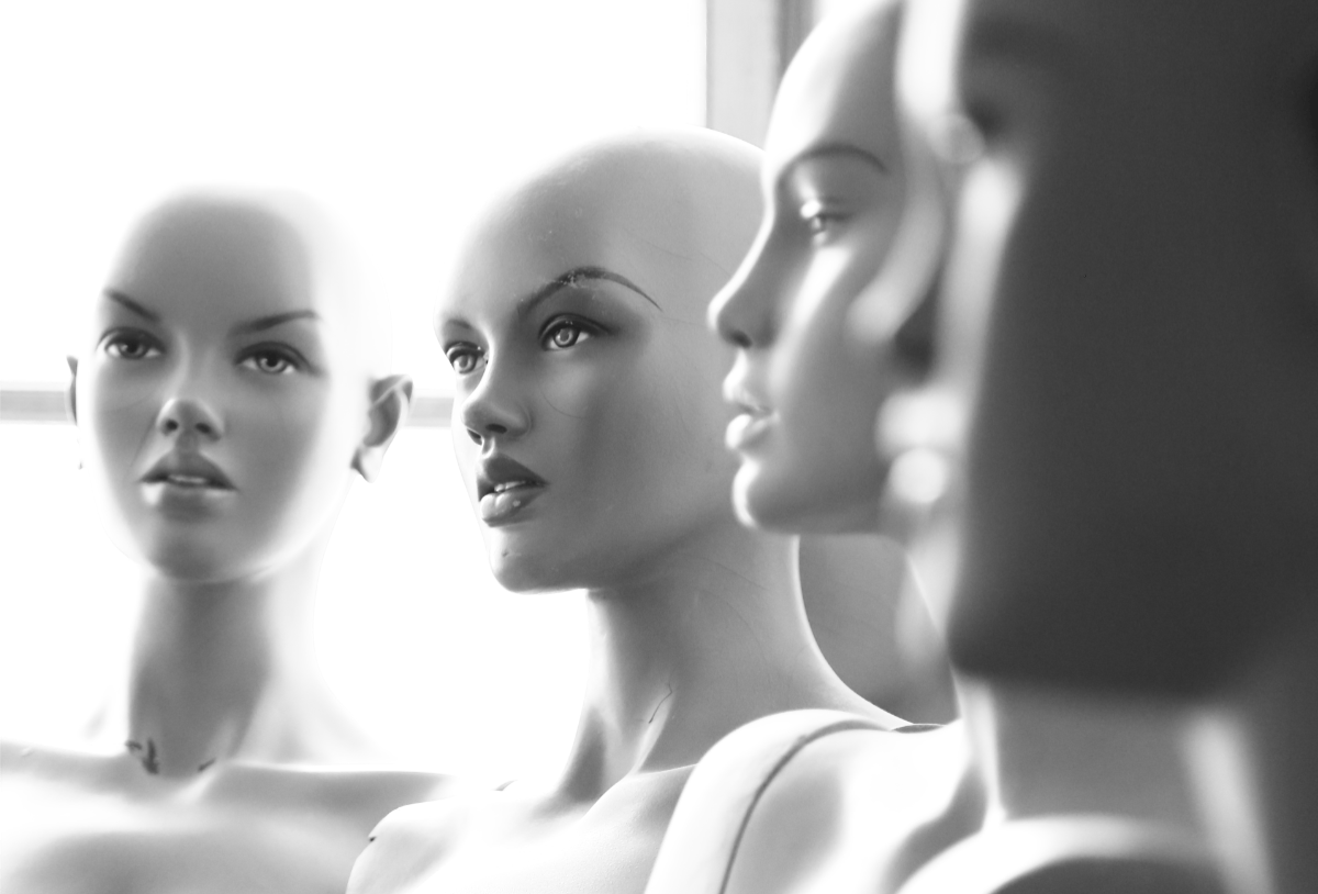 Black and white photo of some manikins