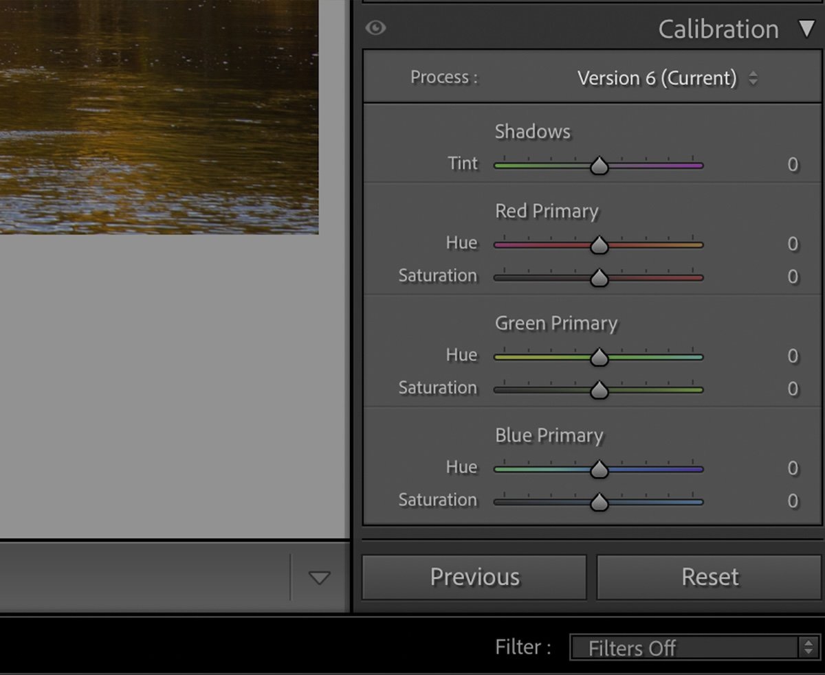 screenshot of color calibration in Lightroom Classic