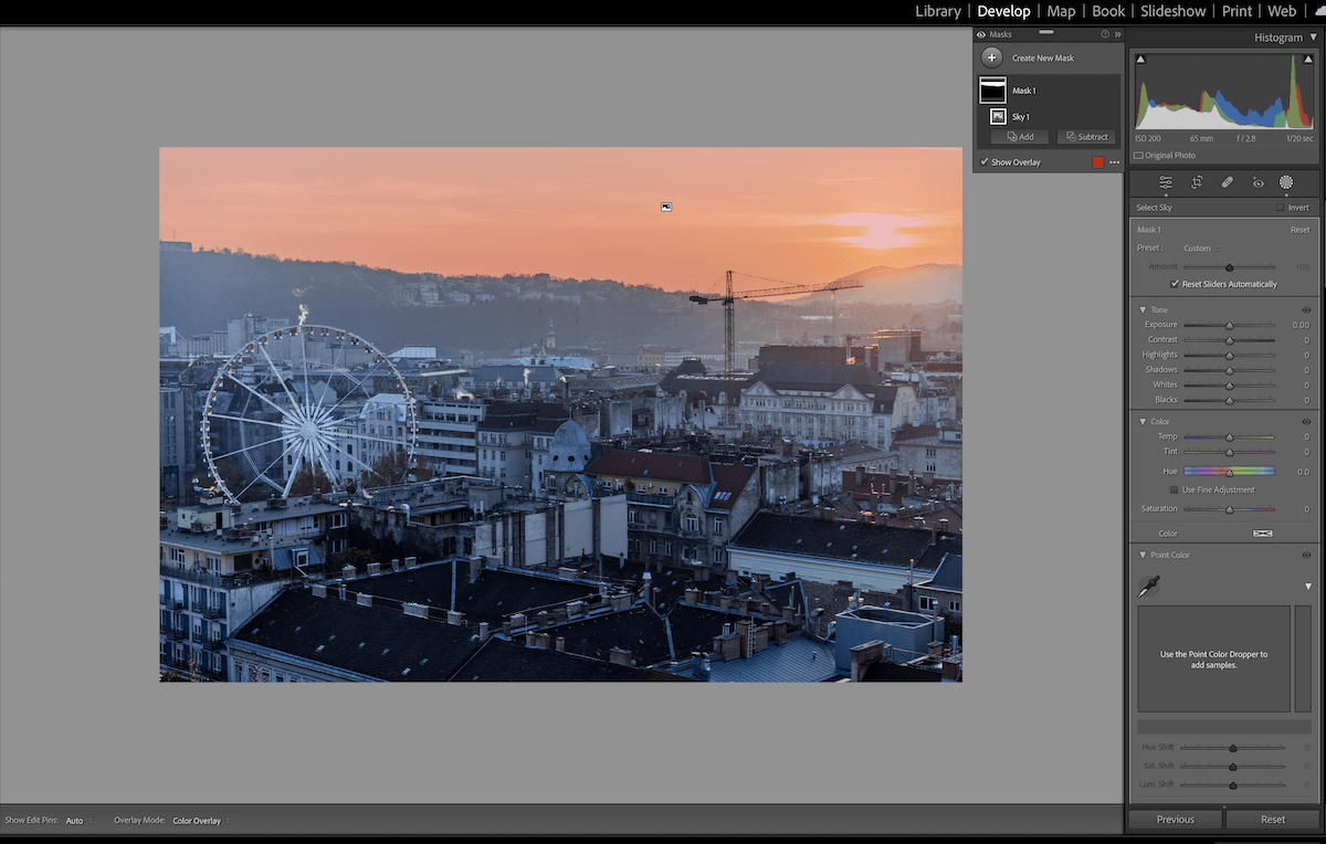 screenshot of Lightroom classic with a mask applied to the sky