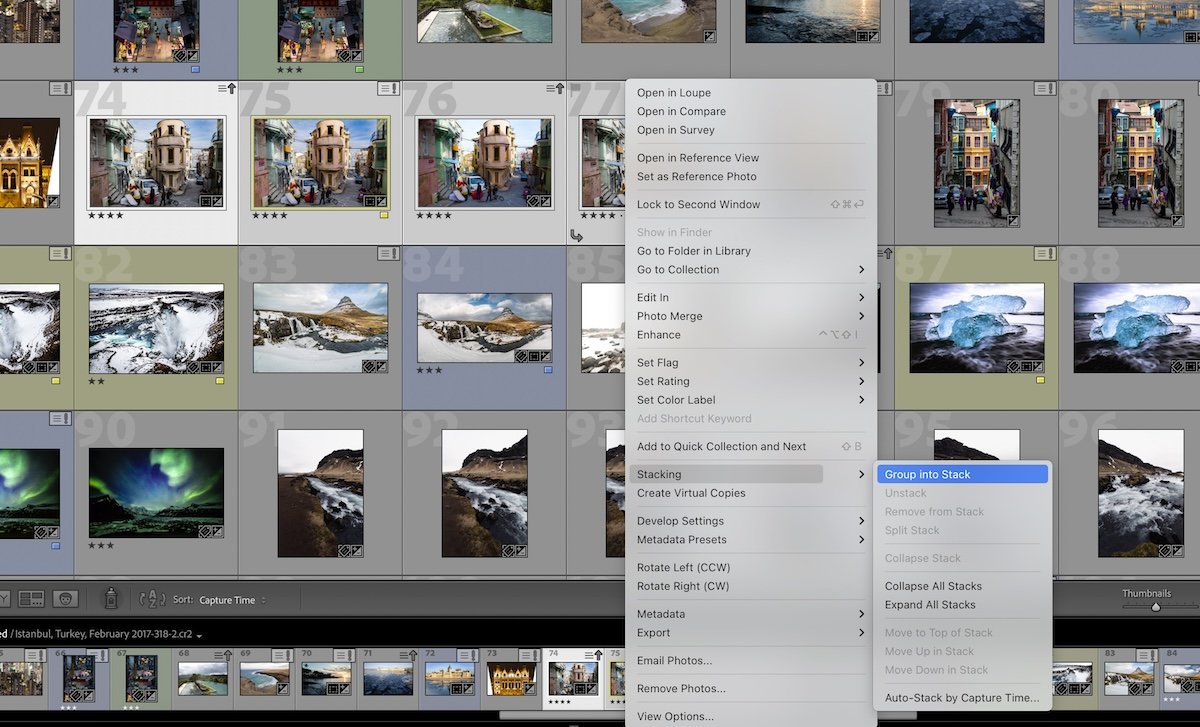 screenshot of a dropdown over the Library section of Lightroom Classic