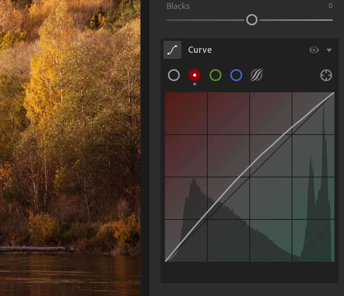 Screenshot of adjusting the red channel on the tone curve in Lightroom