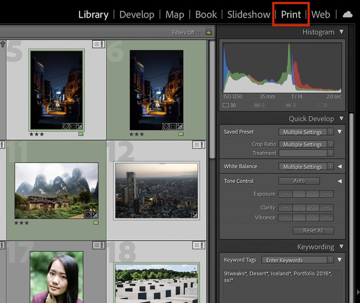 screenshot of the adobe lightroom classic interface showing top menu modules with print in a red box