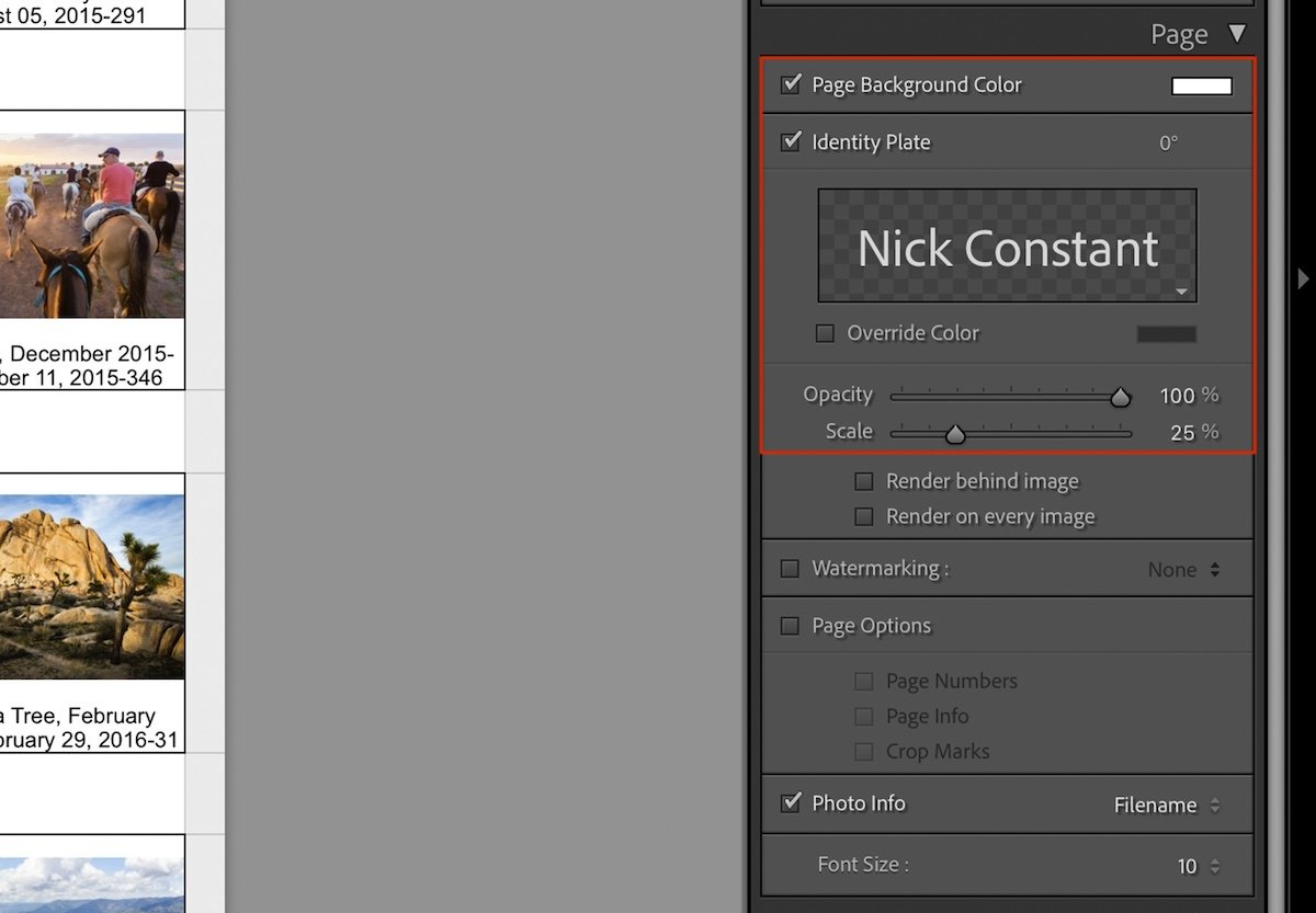 screenshot of editing the page of a contact sheet in adobe lightroom classic