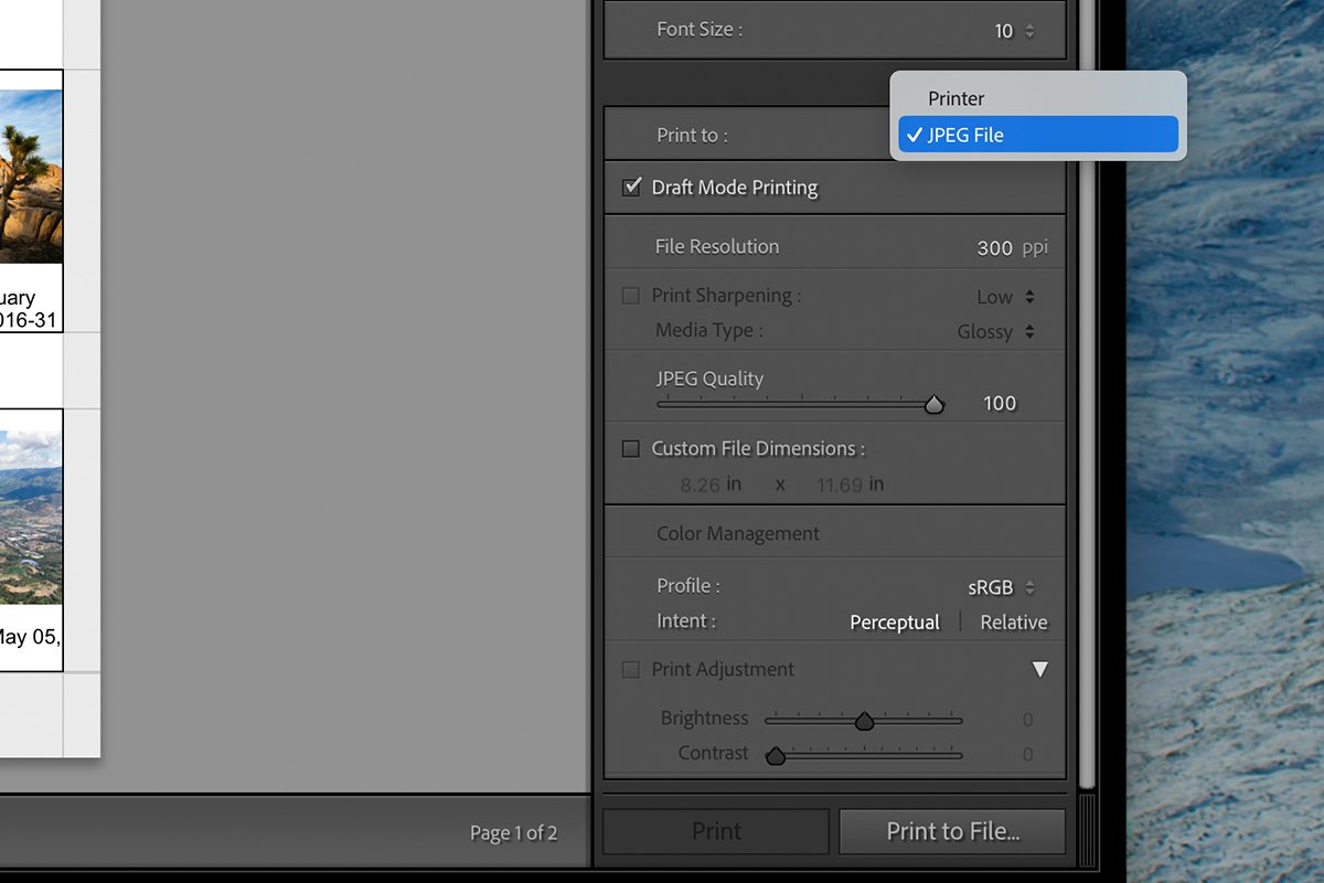 screenshot of changing the print settings in adobe lightroom classic