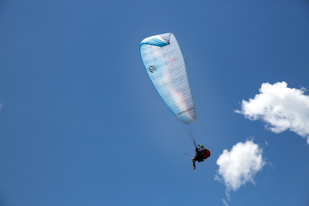 photograph of a paraglider in the air
