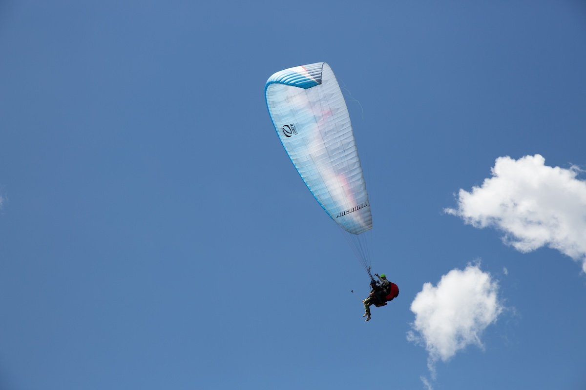 photograph of a paraglider in the air