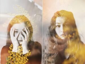 Diptych portrait with two double exposure images of a woman and yellow flowers