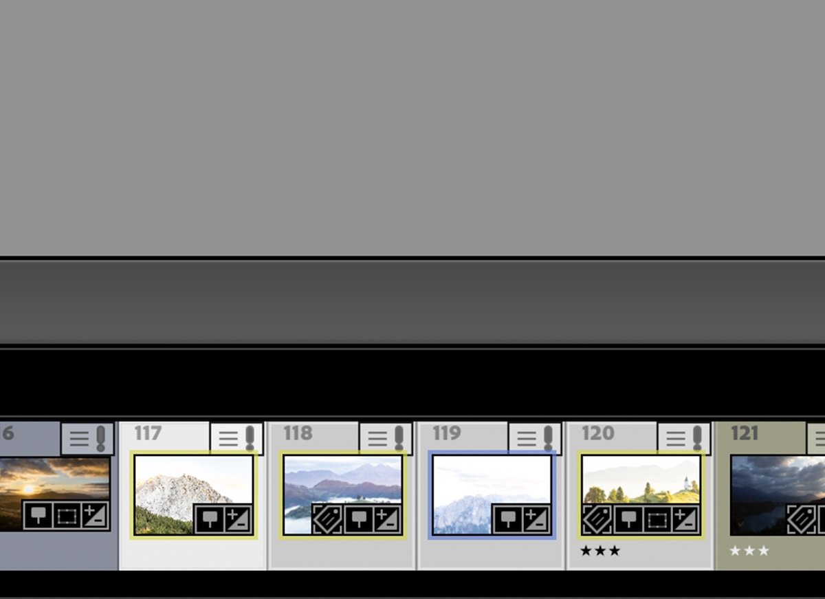 cropped screenshot of lightroom classic interface showing images edited along the toolbar