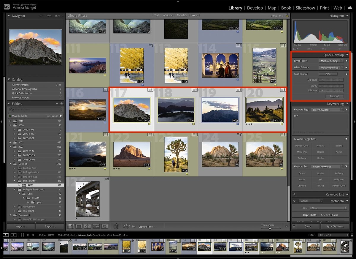 screenshot of lightroom classic interface with red boxes highlighting selected photos and quick develop section