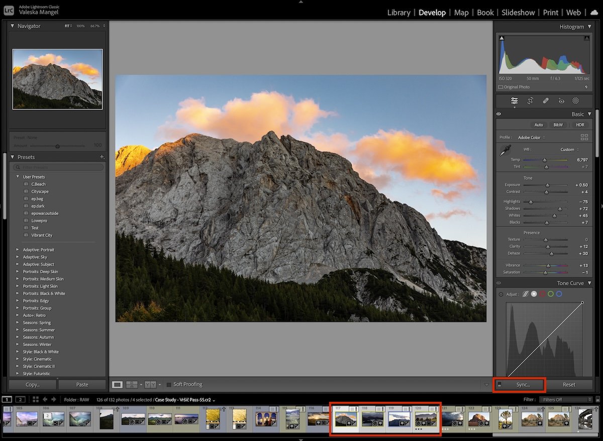 screenshot of lightroom classic interface in develop mode with a red box over selected images and sync button