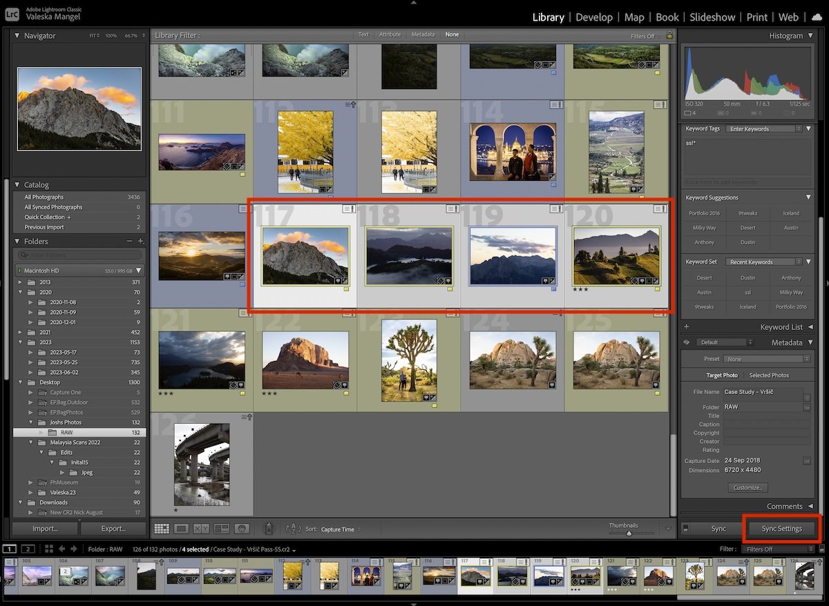 screenshot of lightroom classic interface with a red box over selected images and sync button