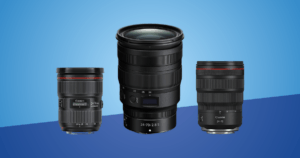 Three best 24-70mm lenses against a blue background