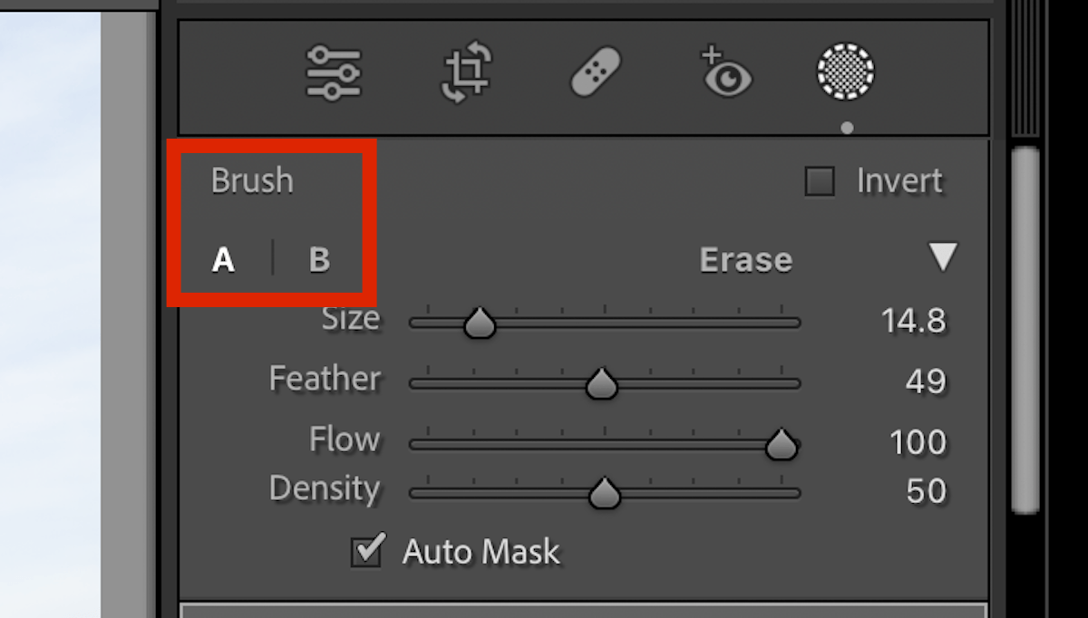 screenshot showing where to find the A/B brush in adobe lightroom
