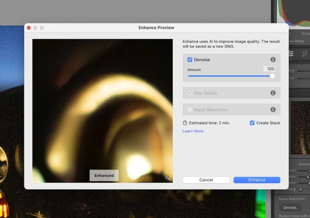 screenshot of lightroom noise reduction dialog box