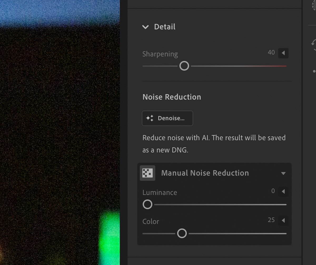screenshot of noise reduction section in lightroom CC