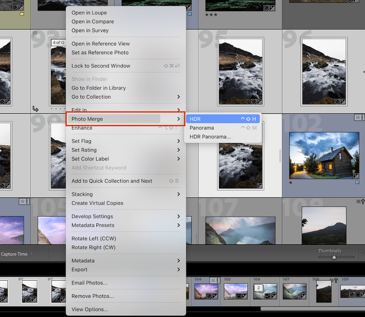 screenshot of lightroom classic with a red box highlighting photo merge