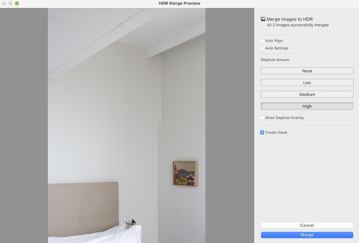 photograph of a hotel room inside the HDR interface of lightroom with the wall not matching up