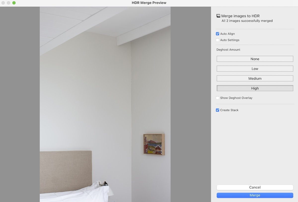 photograph of a hotel room inside the HDR interface of lightroom with auto align on