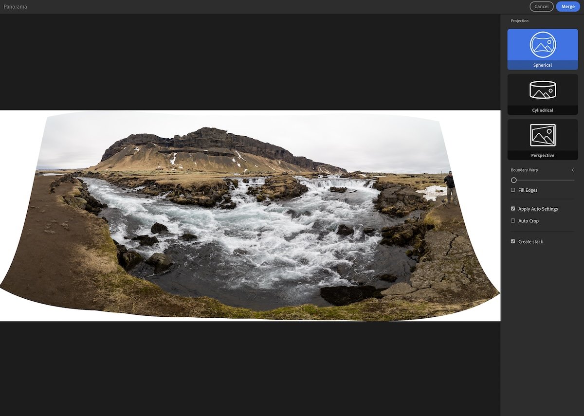 panorama of mountains with a river in the foreground with auto settings in panorama lightroom