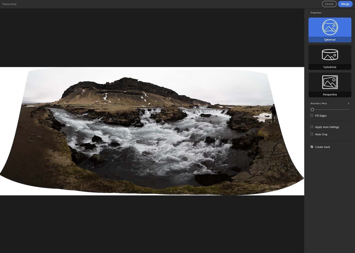 panorama of mountains with a river in the foreground with no auto settings in panorama lightroom