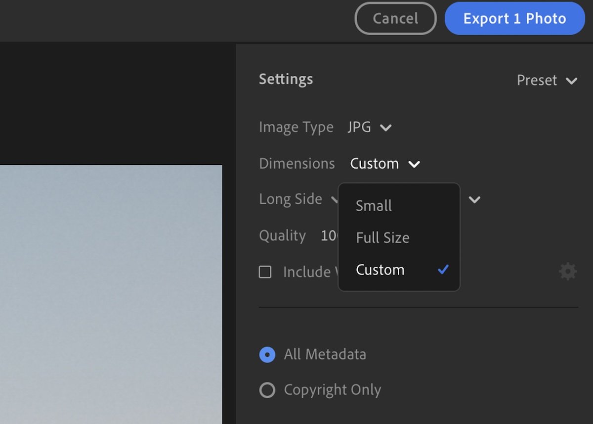 screenshot of lightroom exporting interface highlighting how to put in a custom resize