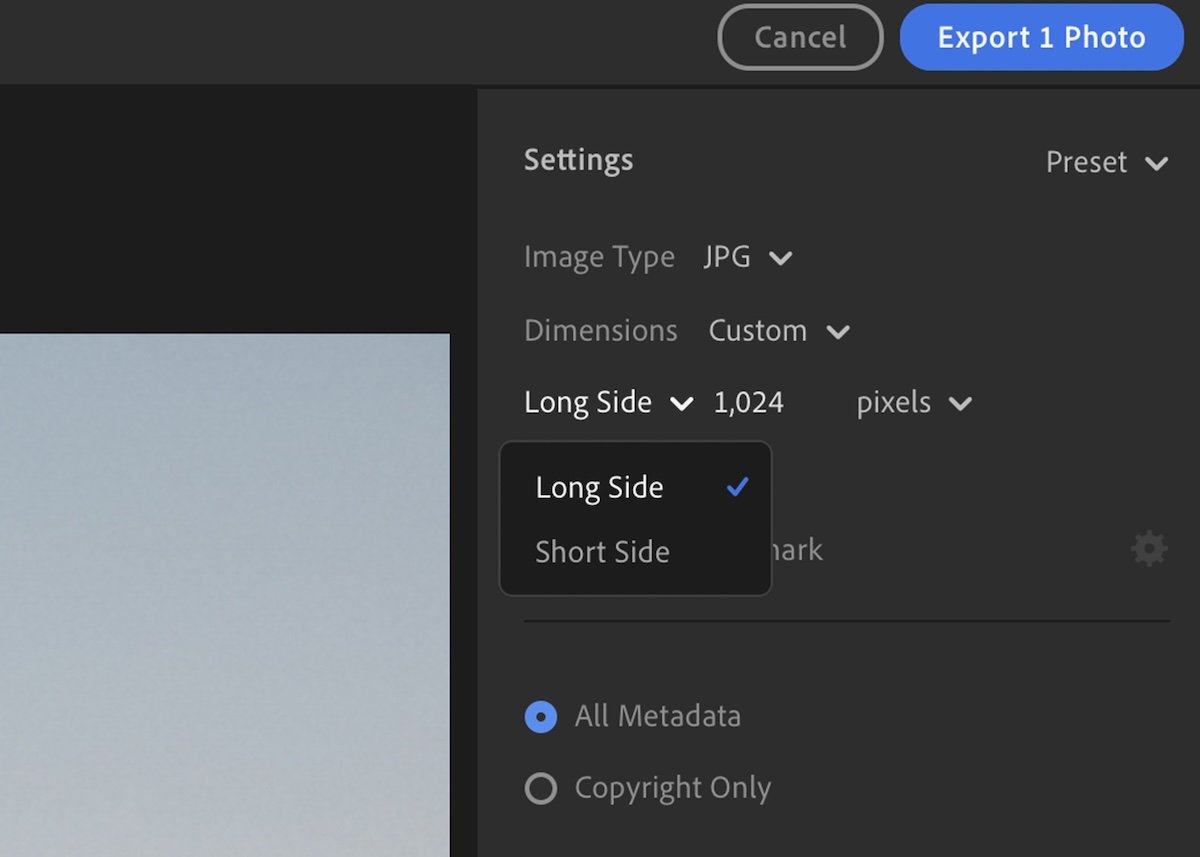 screenshot of lightroom exporting interface highlighting the different resize options