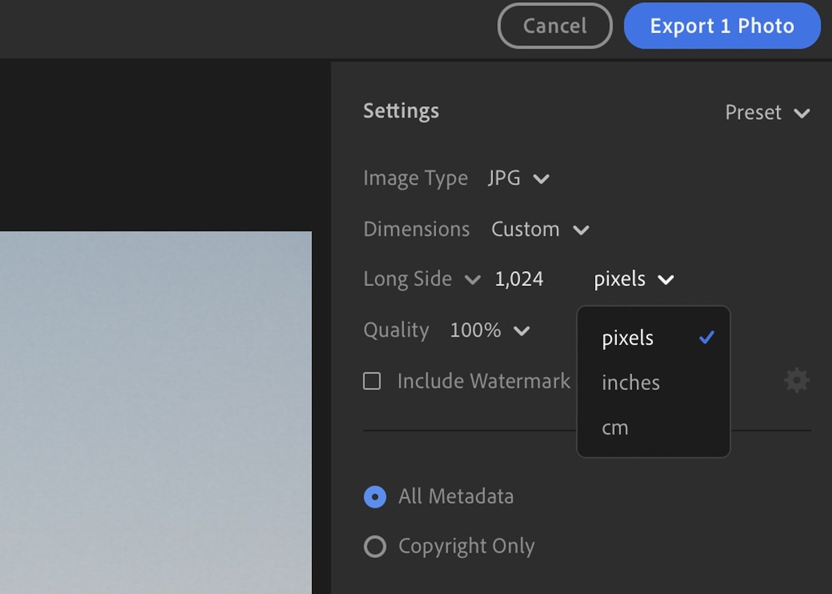 screenshot of lightroom exporting interface highlighting different resize measurements 