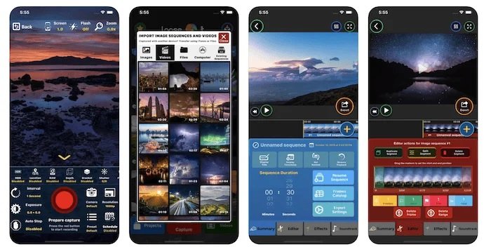 Screenshot of four smartphone screens with a time-lapse app on them