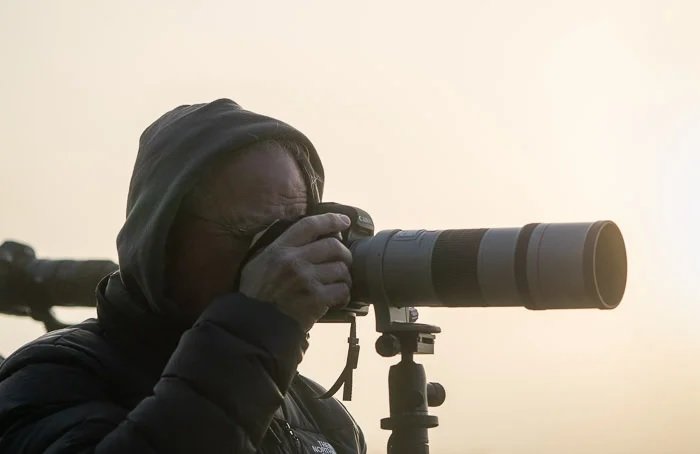Wildlife photographer using camera with telephoto lens on a tripod