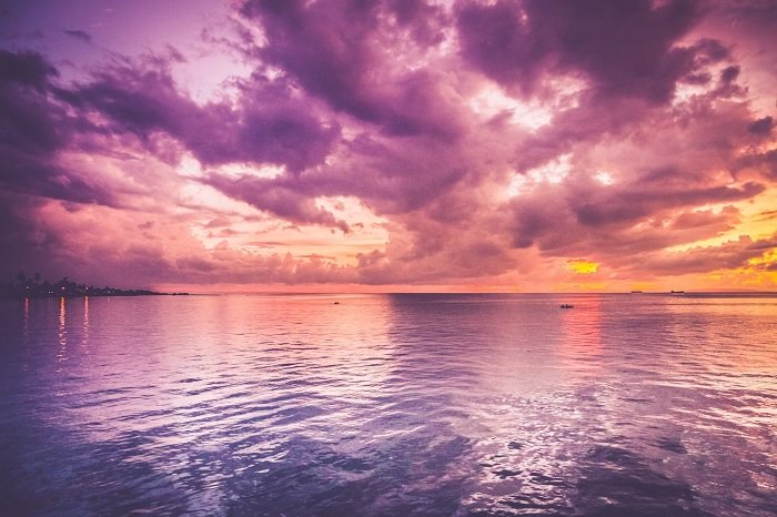 Coastal landscape at sunset with purple sky