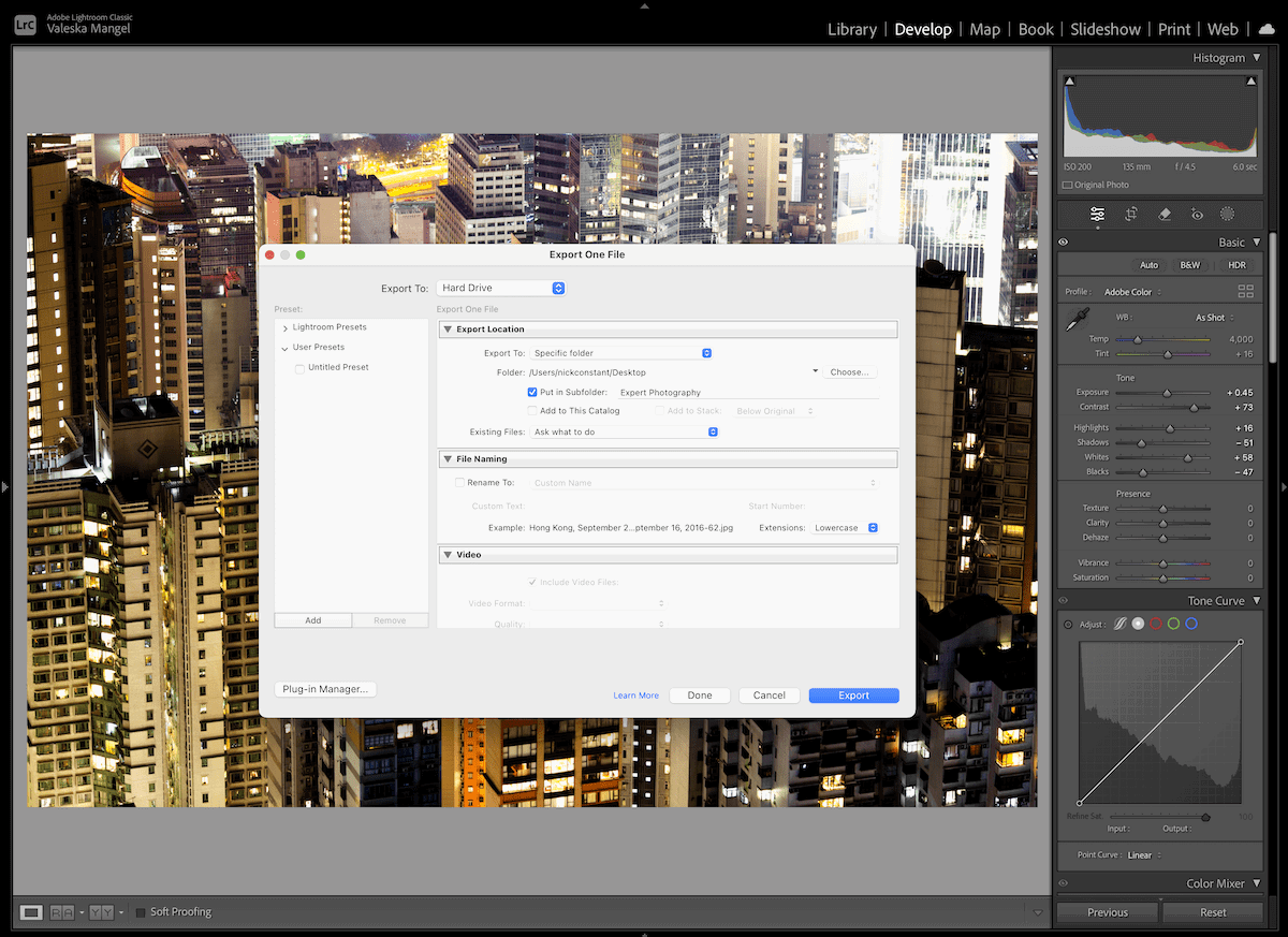 screenshot of lightroom with the export box 