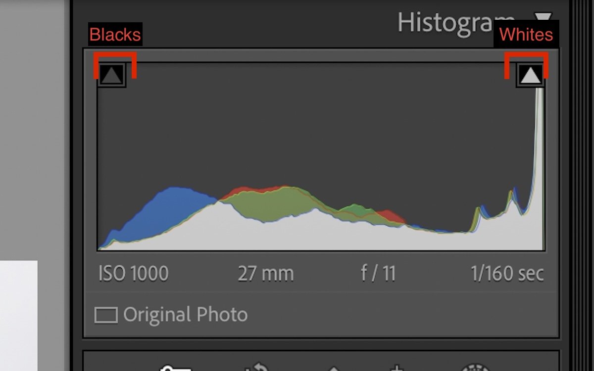 screenshot of lightroom histogram showing blacks and whites