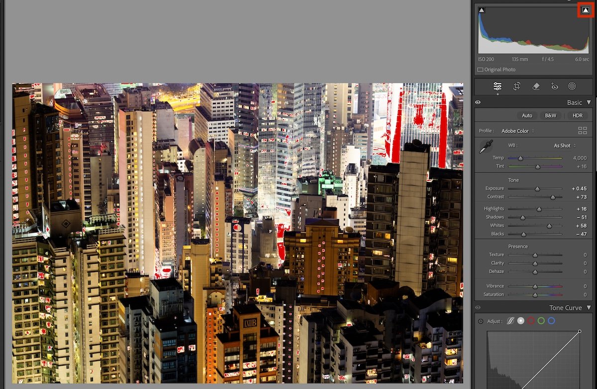 screenshot of lightroom image showing clipped whites