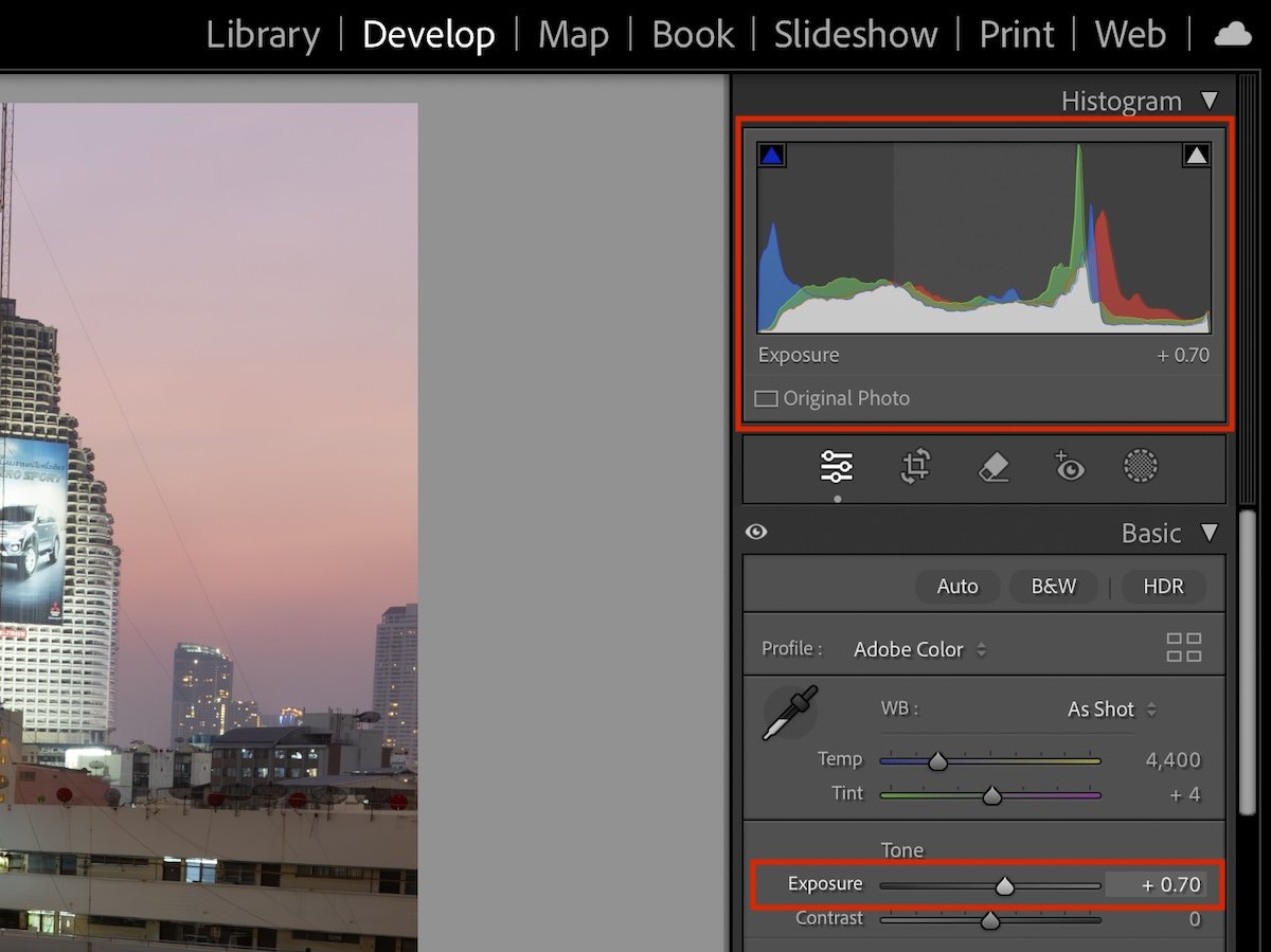 screenshot of lightroom photo editing with histogram