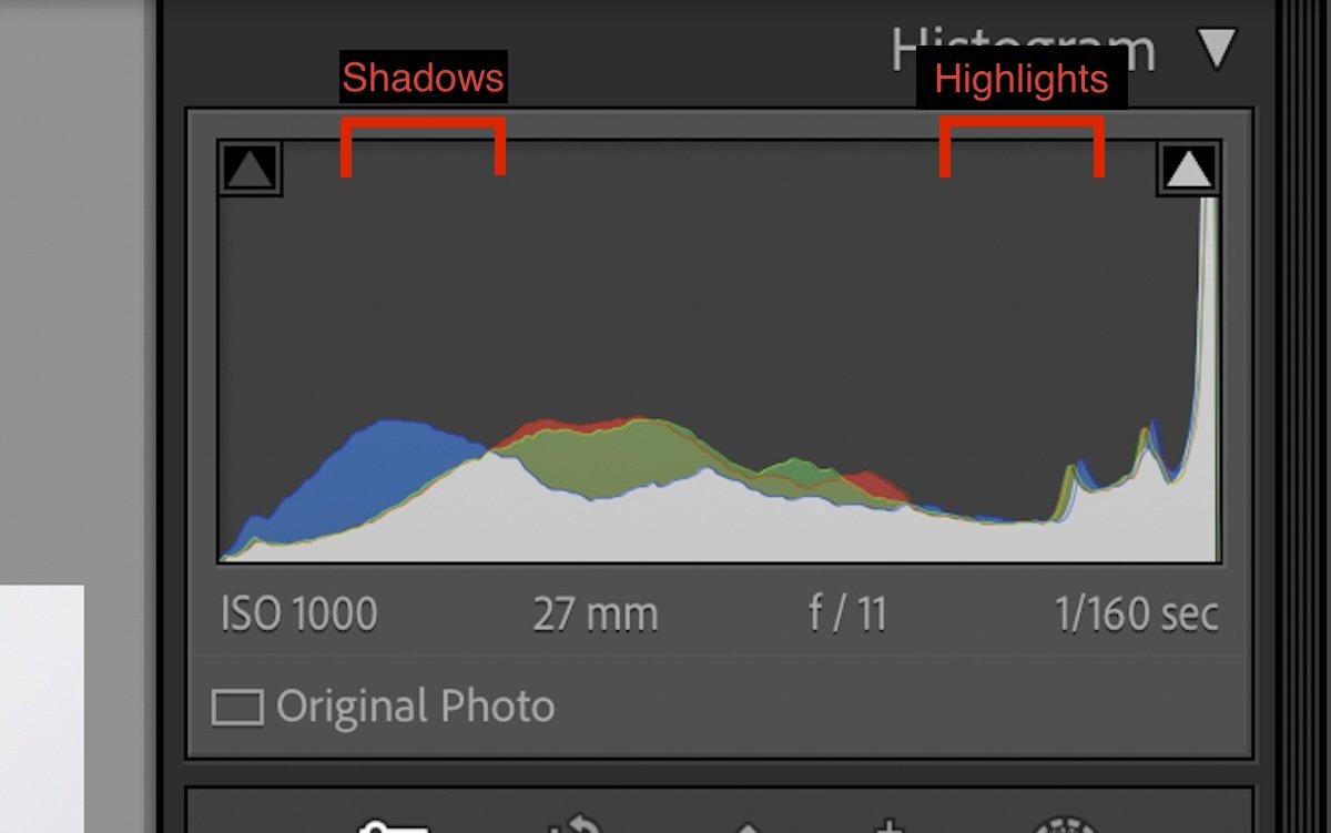 screenshot of lightroom histogram with markers showing the highlights and shadows