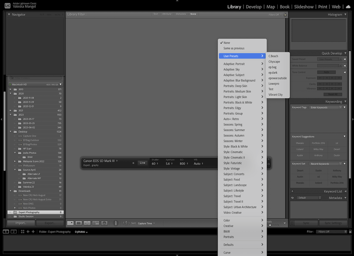 screenshot of lightroom tethered capture showing the develop settings