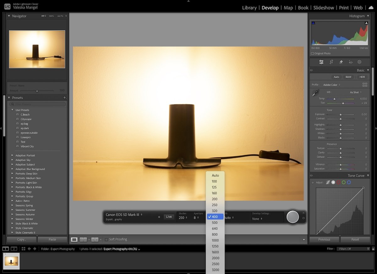 screenshot of lightroom tethered capture adjusting iso
