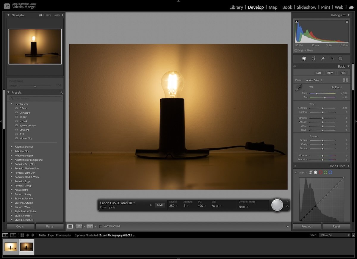 screenshot of lightroom on tethered capture