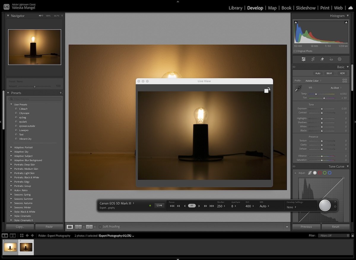 screenshot of lightroom tethered capture with live view on