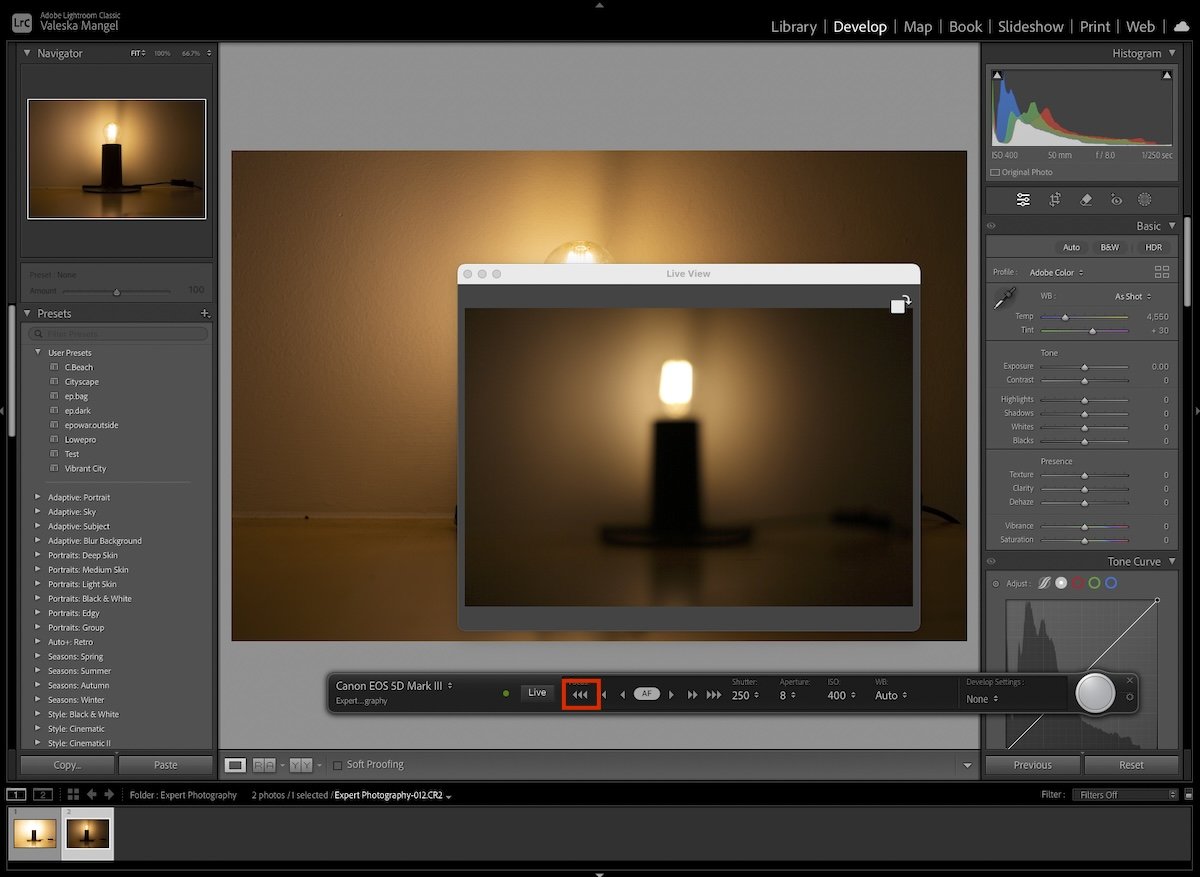 screenshot of lightroom tethered capture live view playing with focus