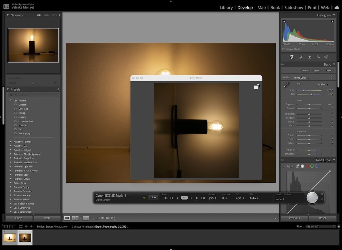 screenshot of lightroom tethered capture with live view rotated