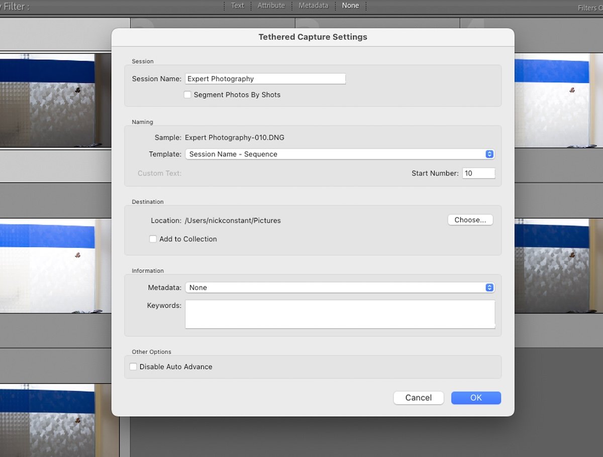 screenshot of lightroom box for tethered capture settings
