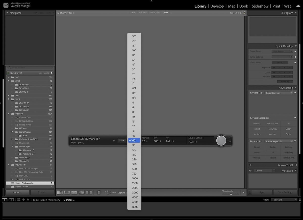 screenshot of lightroom tethered capture adjusting the shutter speed
